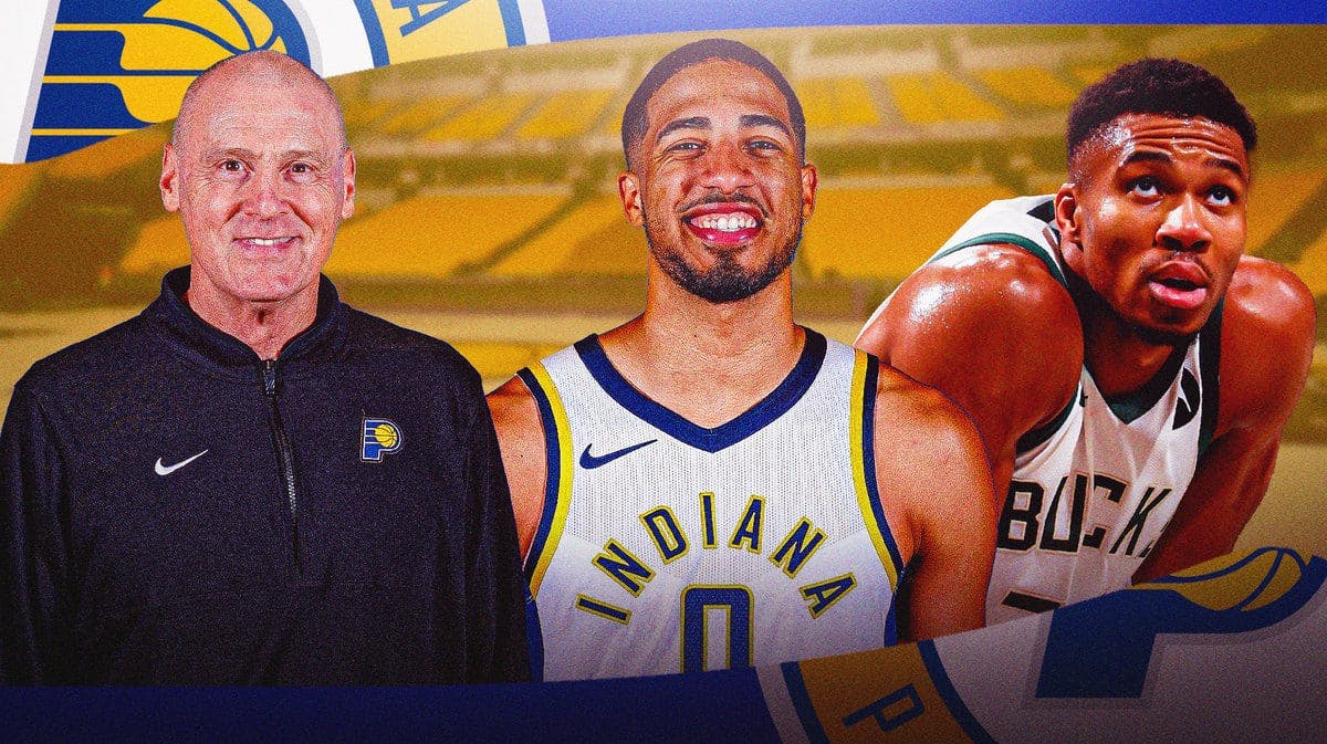 Pacers' Rick Carlisle and Tyrese Haliburton smiling, with Bucks' Giannis Antetokounmpo looking tired