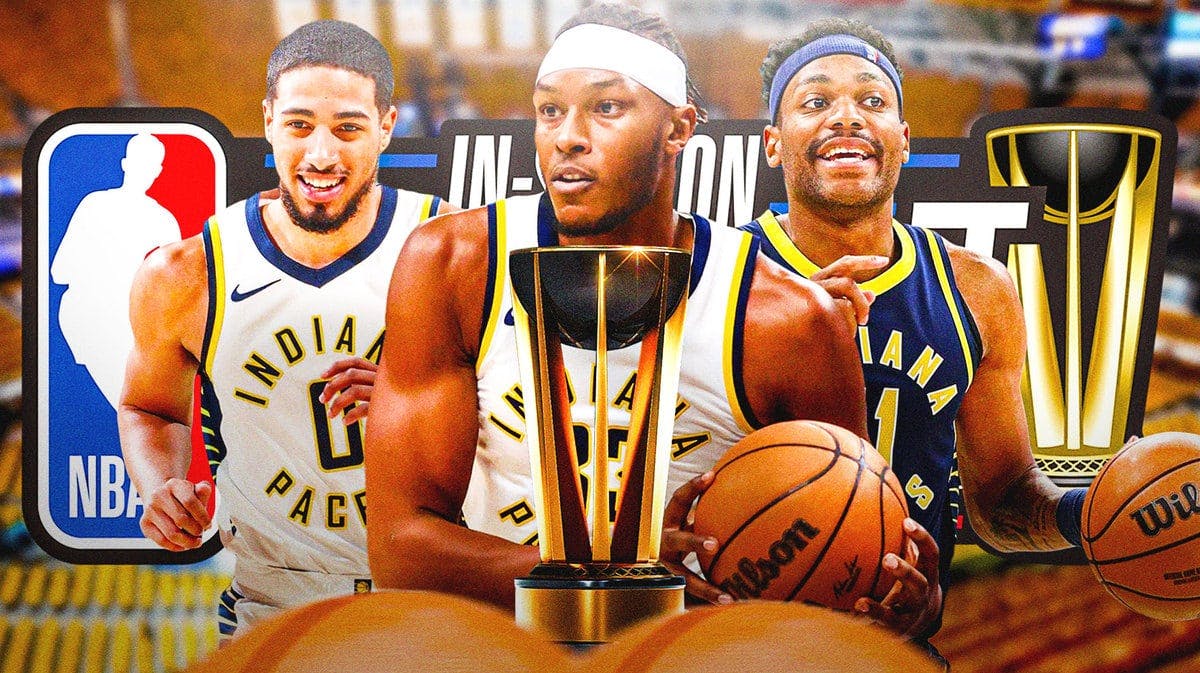 Pacers' Tyrese Haliburton, Myles Turner, and Bruce Brown all hyped up, with NBA In-Season Tournament logo and trophy in the middle