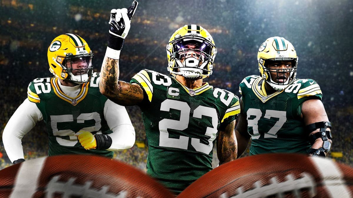 Green Bay Packers Jaire Alexander celebrating in middle of image with images of Rashan Gary and Kenny Clark in background