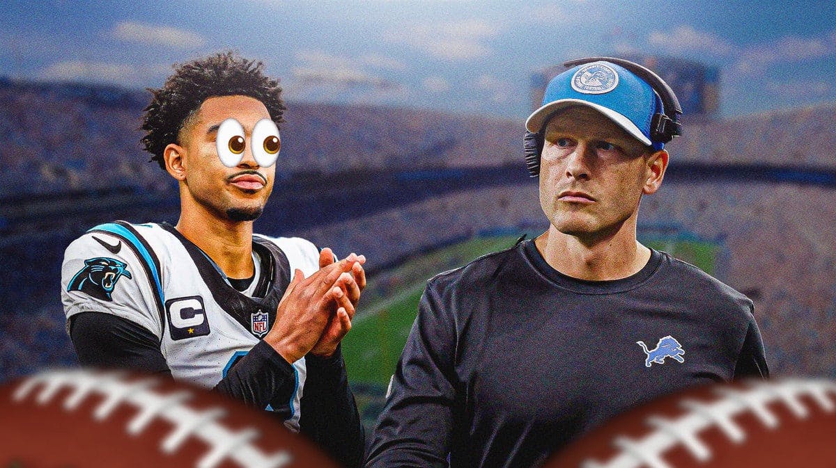 Bryce Young of the Panthers with eyes emojis and looking at Ben Johnson of the Lions (offensive coordinator)