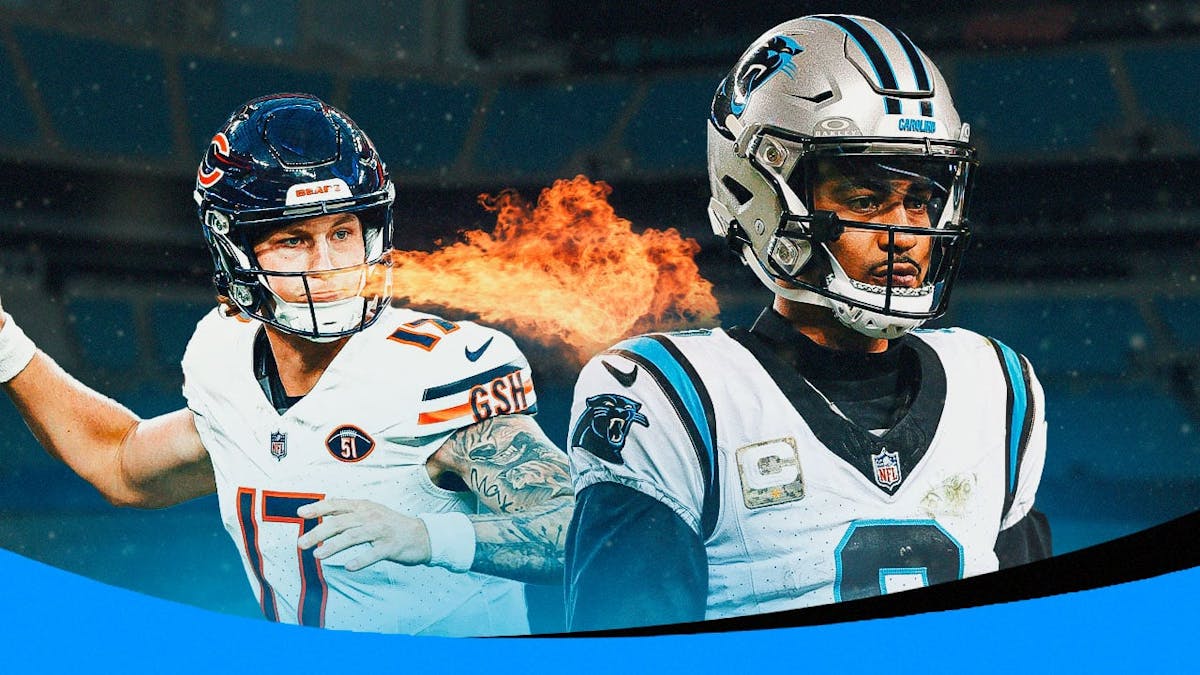 Chicago Bears' Tyson Bagent breathing fire in direction of Carolina Panthers' Bryce Young, like he is “roasting” him.
