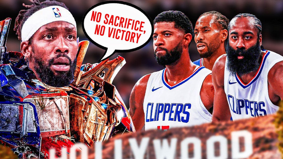 Patrick Beverley as Optimus Prime (Transformers 2007), “NO SACRIFICE, NO VICTORY”, with Clippers' James Harden, Kawhi Leonard, and Paul George looking serious on the side