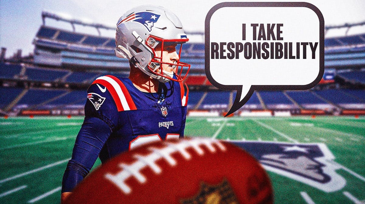 Patriots kicker Chad Ryland with quote bubble saying, "I take responsibility"