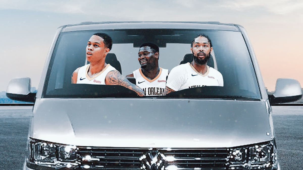 Pelicans' Zion Williamson seating in the backseat of a van, with Brandon Ingram driving and Jordan Hawkins in the shotgun seat