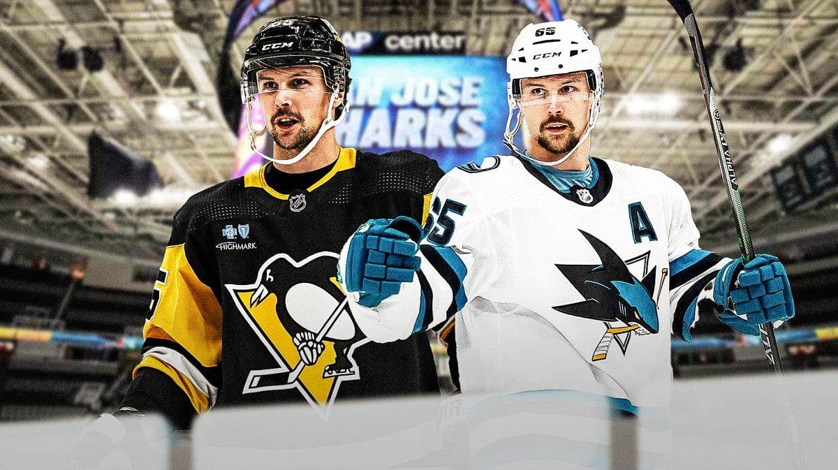 hockey star Erik Karlsson in a Pittsburgh Penguins jersey and a San Jose Sharks jersey. an image of the SAP Center at San Jose as the background image.