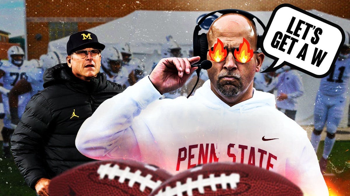 James Franklin coaching Penn State with fire in his eyes saying “Let’s get a W”, Jim Harbaugh looking serious beside him in Michigan football gear