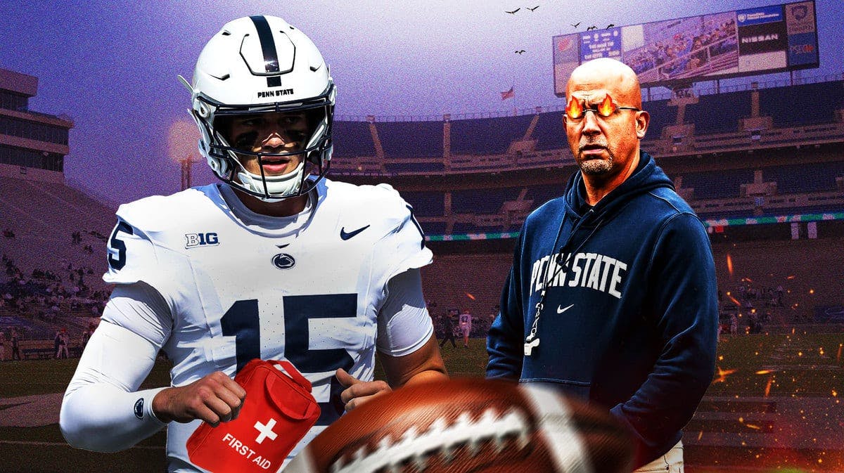 Drew Allar with first-aid kit. Penn State football coach James Franklin with fire in his eyes