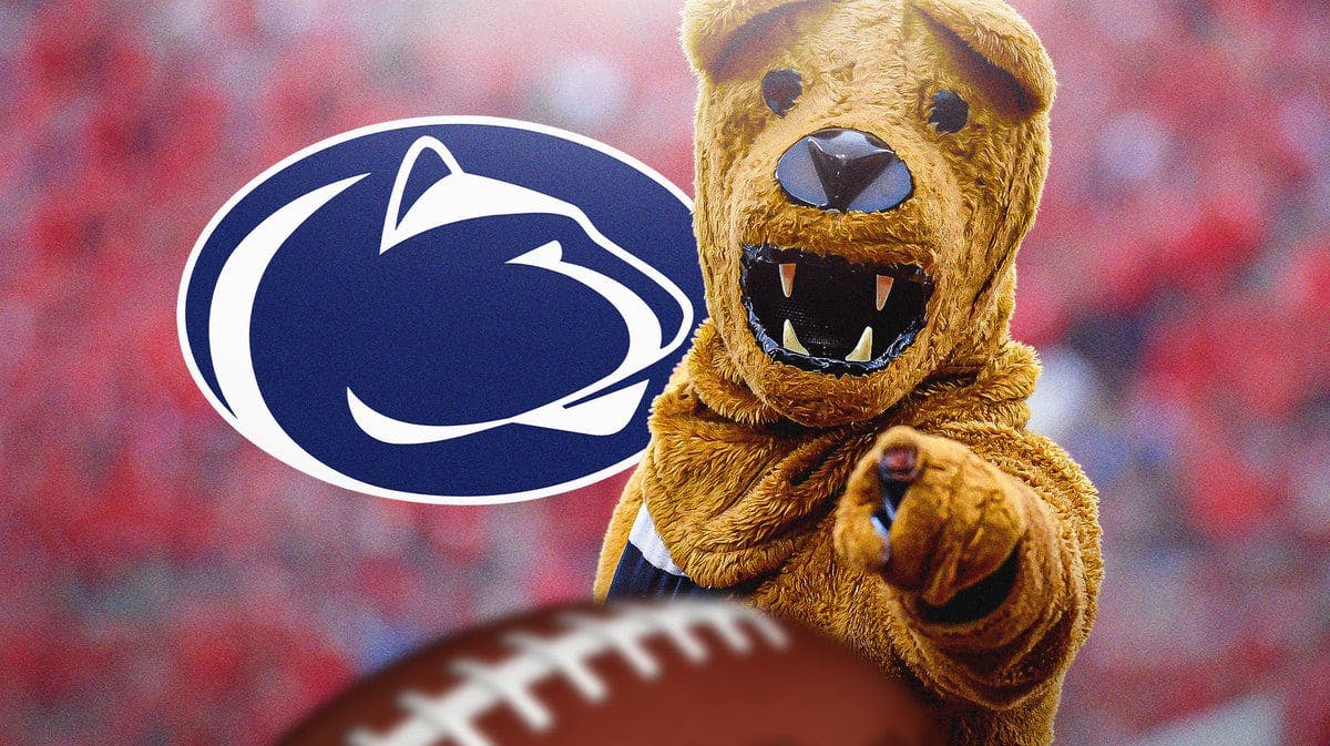 The Penn State football mascot with the Penn State logo in the background. Have the mascot looking excited