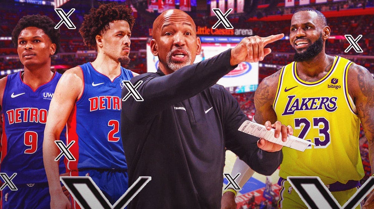 Pistons' Monty Williams, Cade Cunningham, and Ausar Thompson all looking frustrated, with Lakers' LeBron James smiling, Twitter (X) logo all over