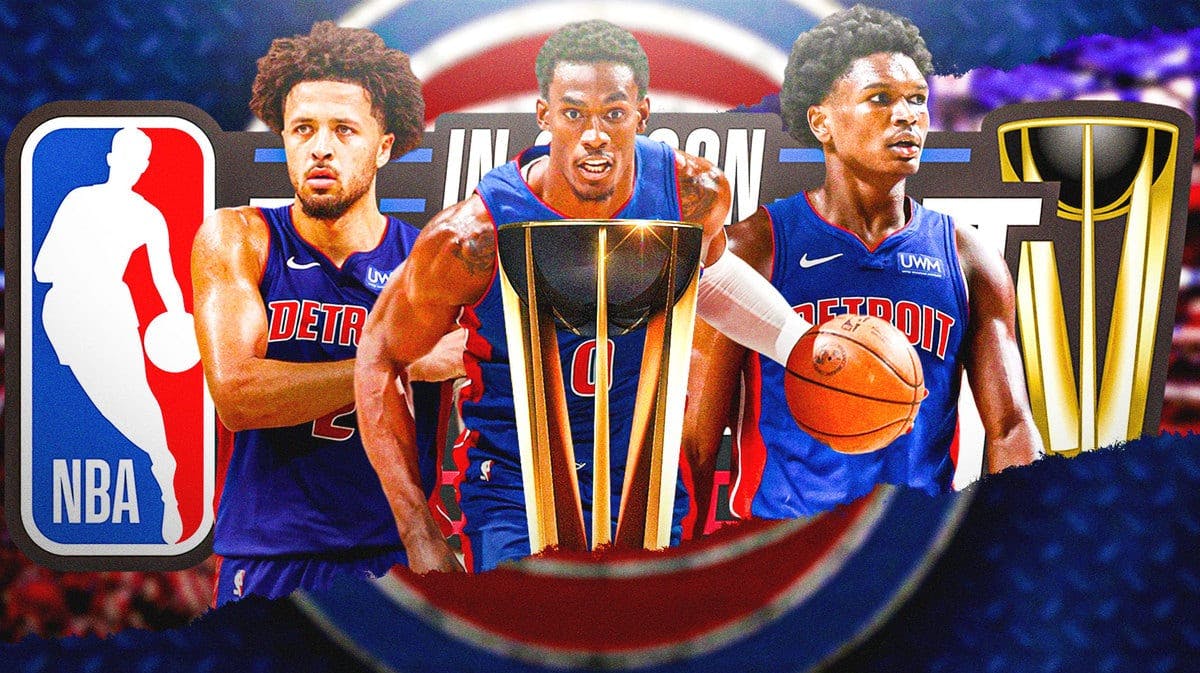 Pistons' Cade Cunningham, Jalen Duren, and Ausar Thompson all hyped up, with NBA In-Season Tournament logo and trophy in the middle