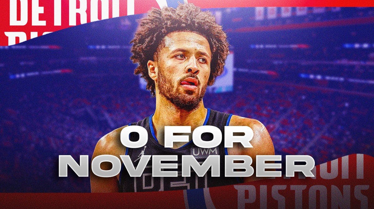 Detroit Pistons Cade Cunningham looking sad/mad and a text graphic at bottom of image “0-for-November”
