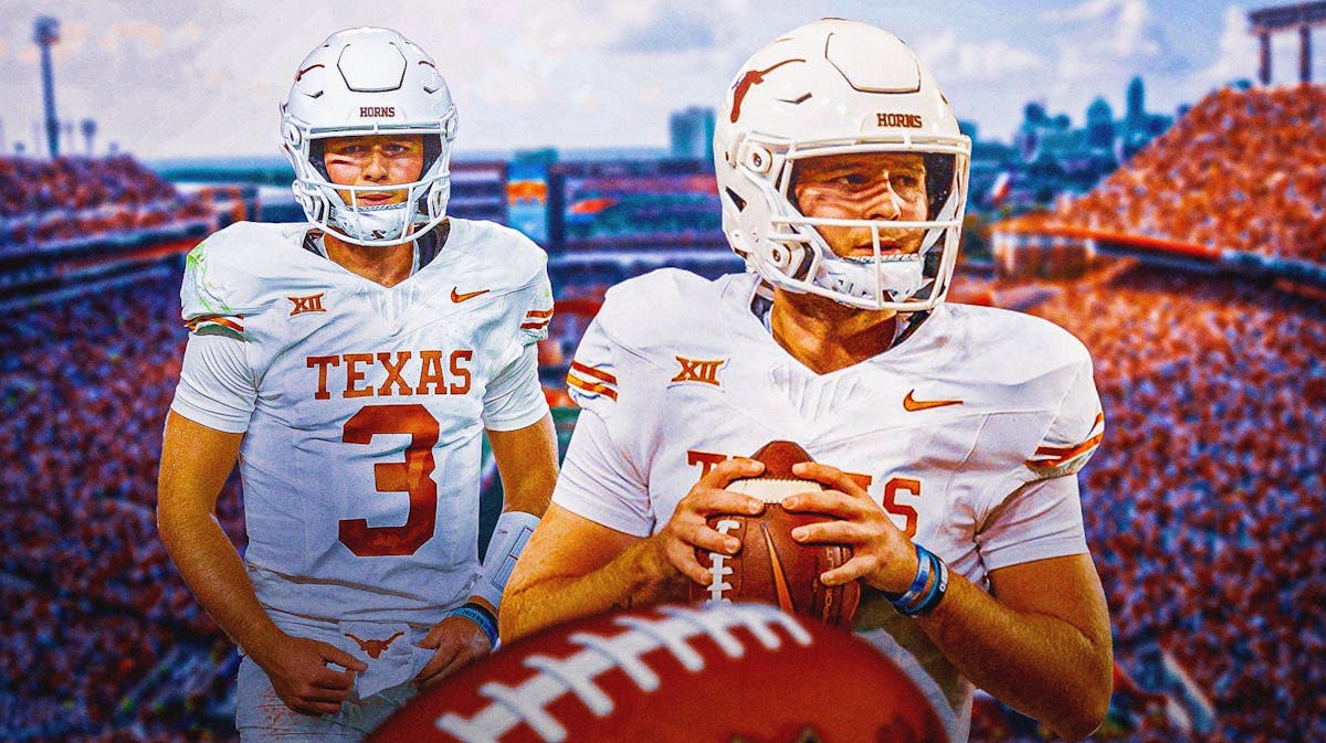 Texas quarterback Quinn Ewers is in the foreground, on the left and right.