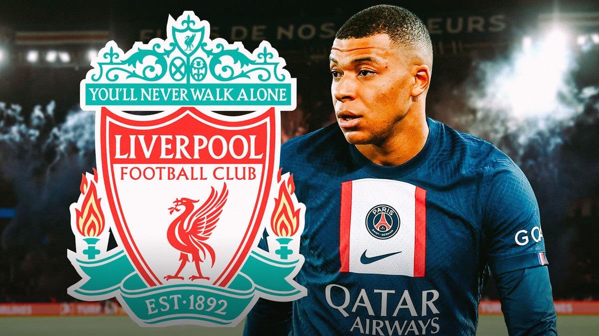Kylian Mbappe in front of the Liverpool logo