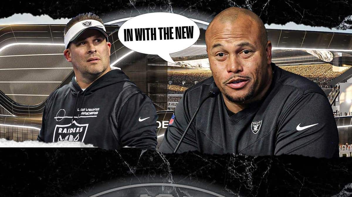Las Vegas Raiders coach Antonio Pierce (in Raiders clothing please) and a speech bubble “In With The New” and image of old coach Josh McDaniels in background