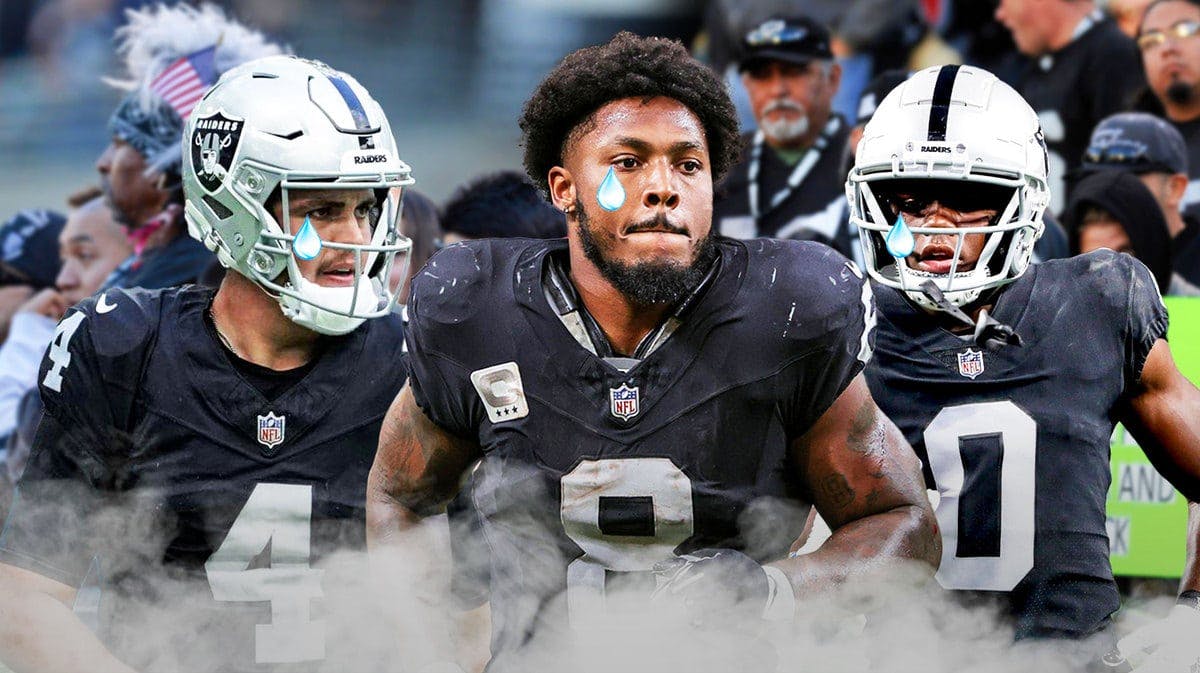 Aidan O'Connell, Josh Jacobs, Jakorian Bennett all with tear emojis 💧 and with crying Las Vegas Raiders fans in the background.