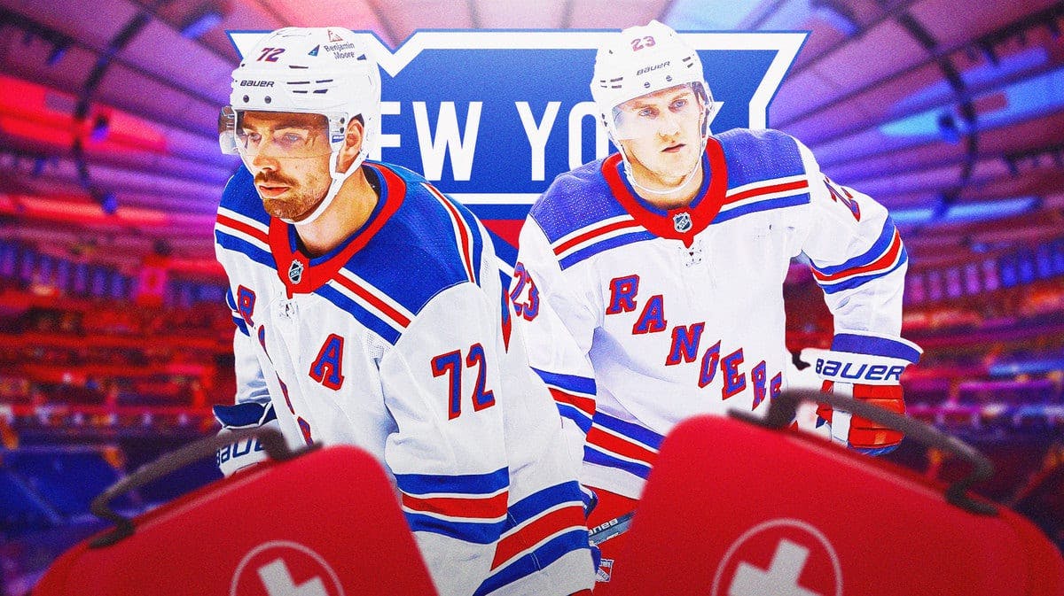 Adam Fox and Filip Chytil both looking stern, first aid kit, hockey rink in background, NY Rangers logo