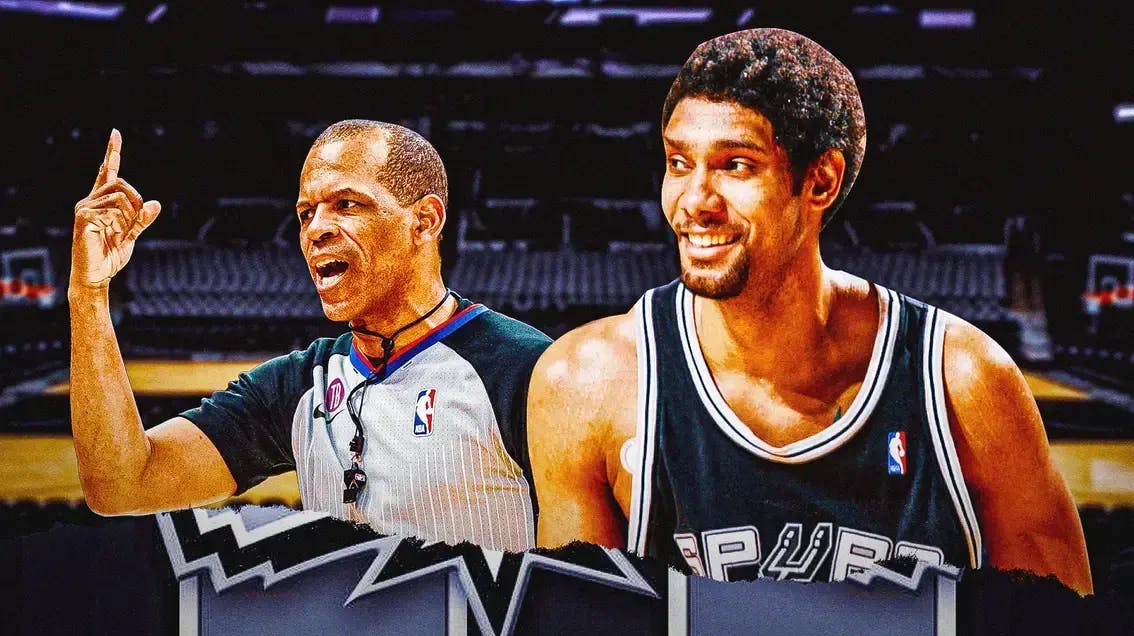 Tim Duncan receiving a technical foul while laughing.