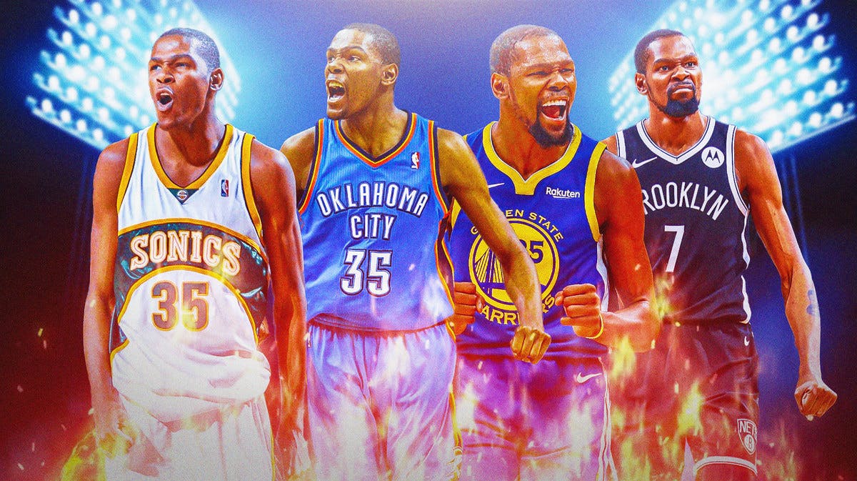Kevin Durant in Supersonics, Nets, Thunder, Warriors jerseys