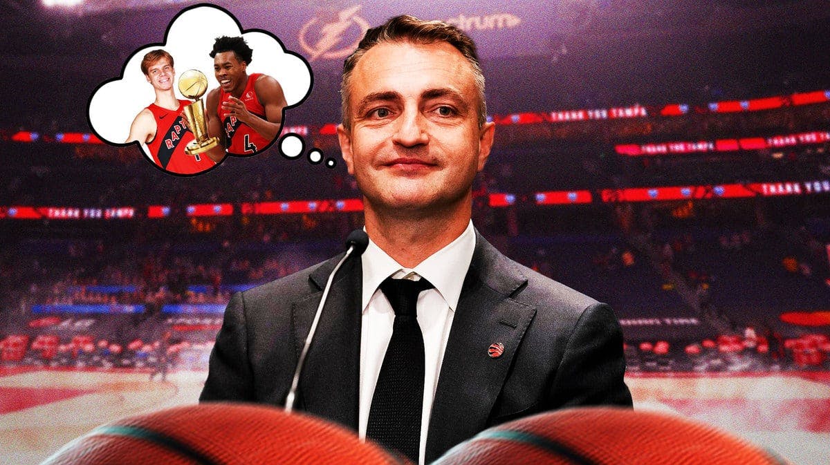 Raptors coach Darko Rajakovic smiling, with a thought bubble containing an image of Scottie Barnes and Gradey Dick holding the Larry O’Brien trophy