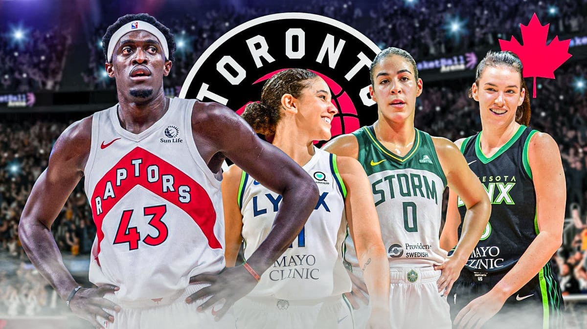 Players from the Toronto Raptors next to WNBA players Kia Nurse, Natalie Achonwa, Bridget Carleton - with the Raptors logo in the image, along with a Canadian maple leaf