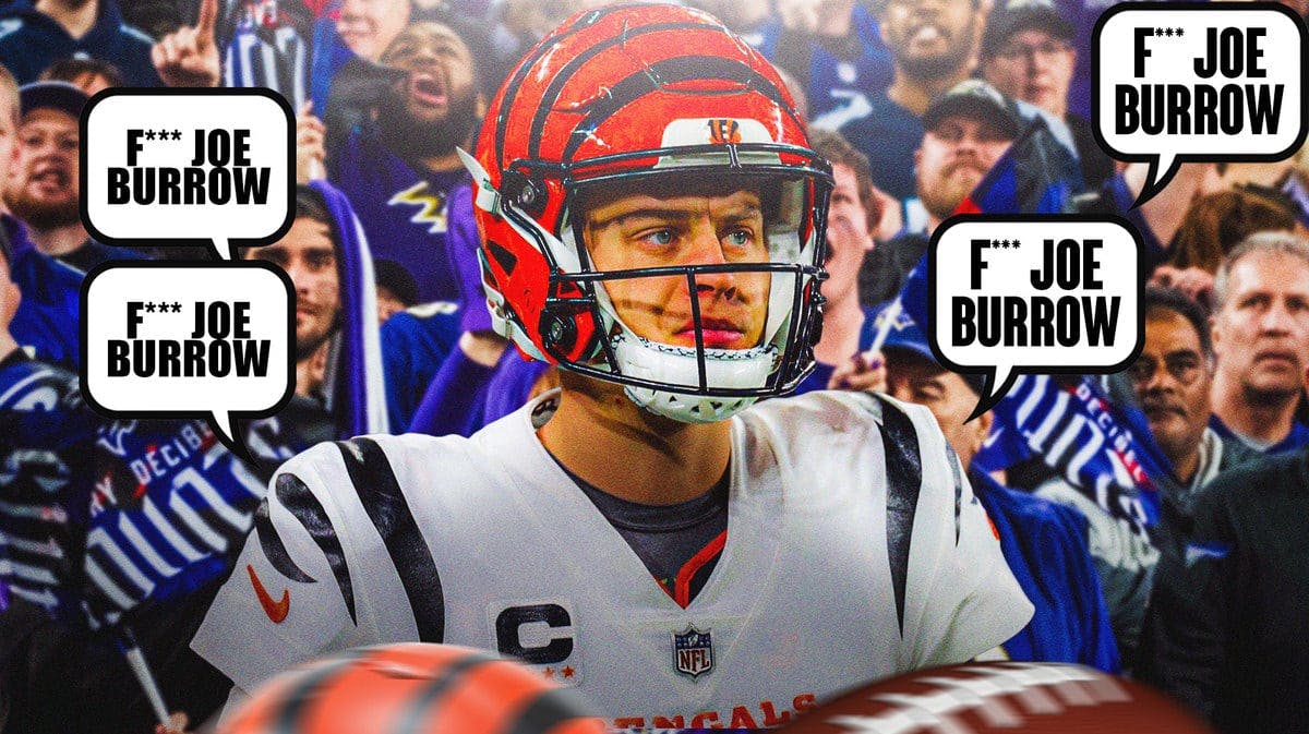 Ravens fans in background with speech bubbles stating: F*** Joe Burrow