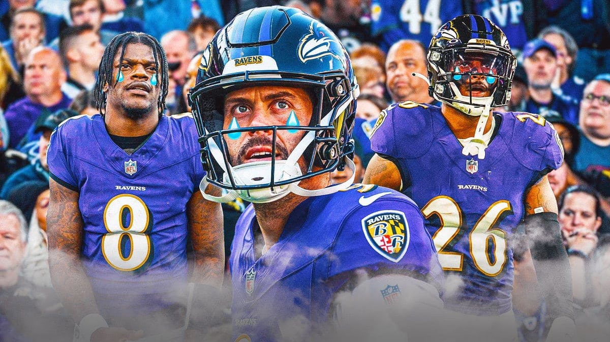 Lamar Jackson, Justin Tucker, Geno Stone all with tear emojis 💧 and with crying Baltimore Ravens fans in the background.