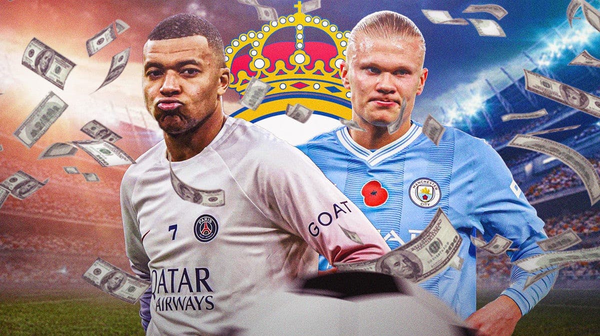 Erling Haaland and Kylian Mbappe in front of the Real Madrid logo, money falling from the air