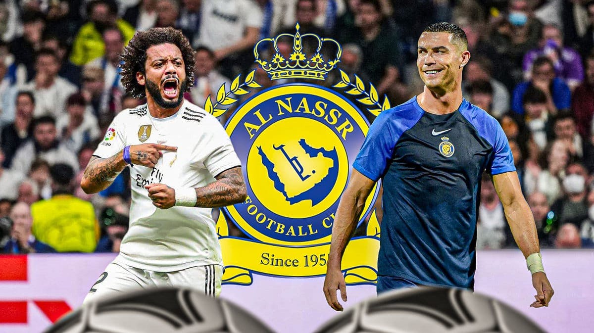 Marcelo and Cristiano Ronaldo together in front of the Al-Nassr logo