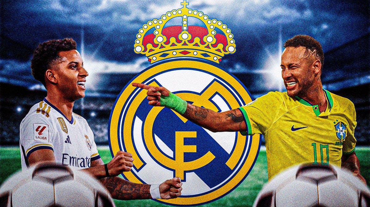 Neymar and Rodrygo in front of the Real Madrid logo