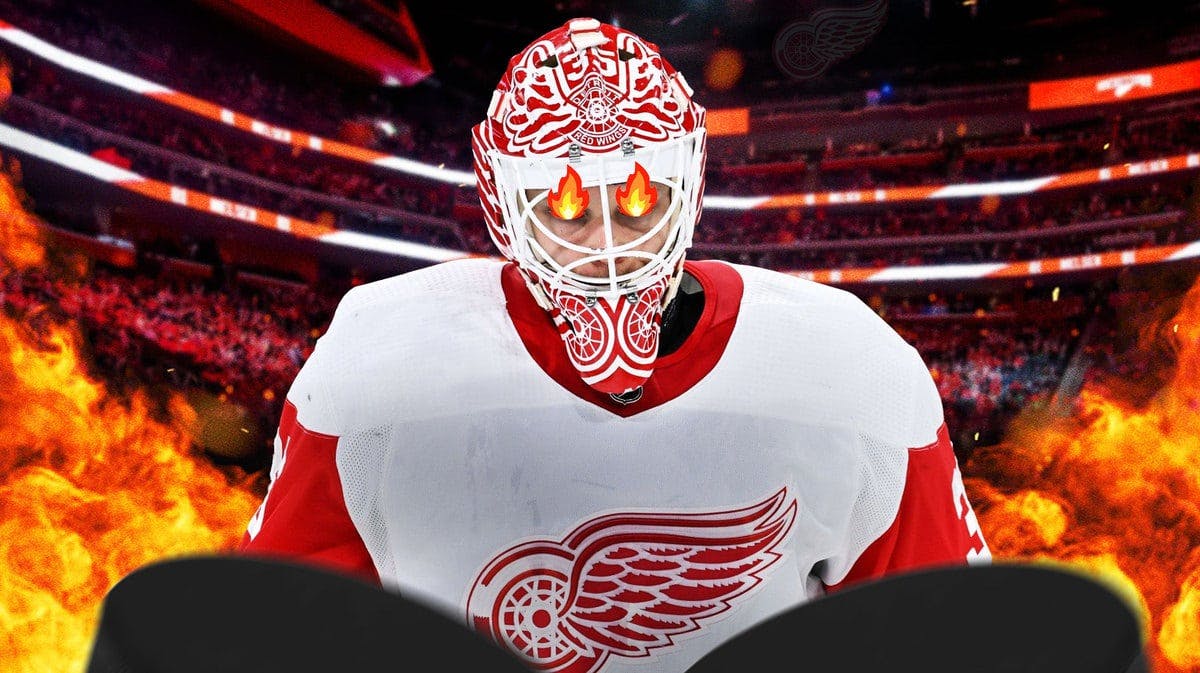 Detroit Red Wings goalie Ville Husso with fire in his eyes after he and Alex DeBrincat led Detroit to a 5-2 win over the Boston Bruins on November 24, 2023