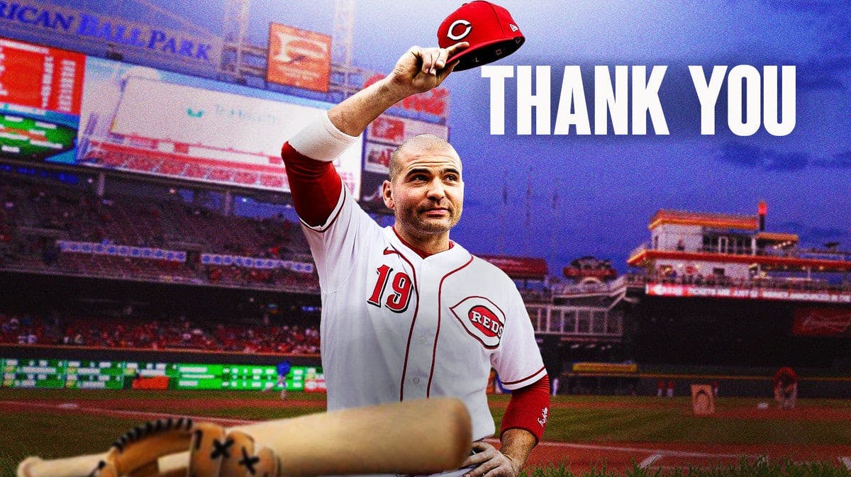 Cincinnati Reds first baseman Joey Votto and a text graphic that reads “Thank You”