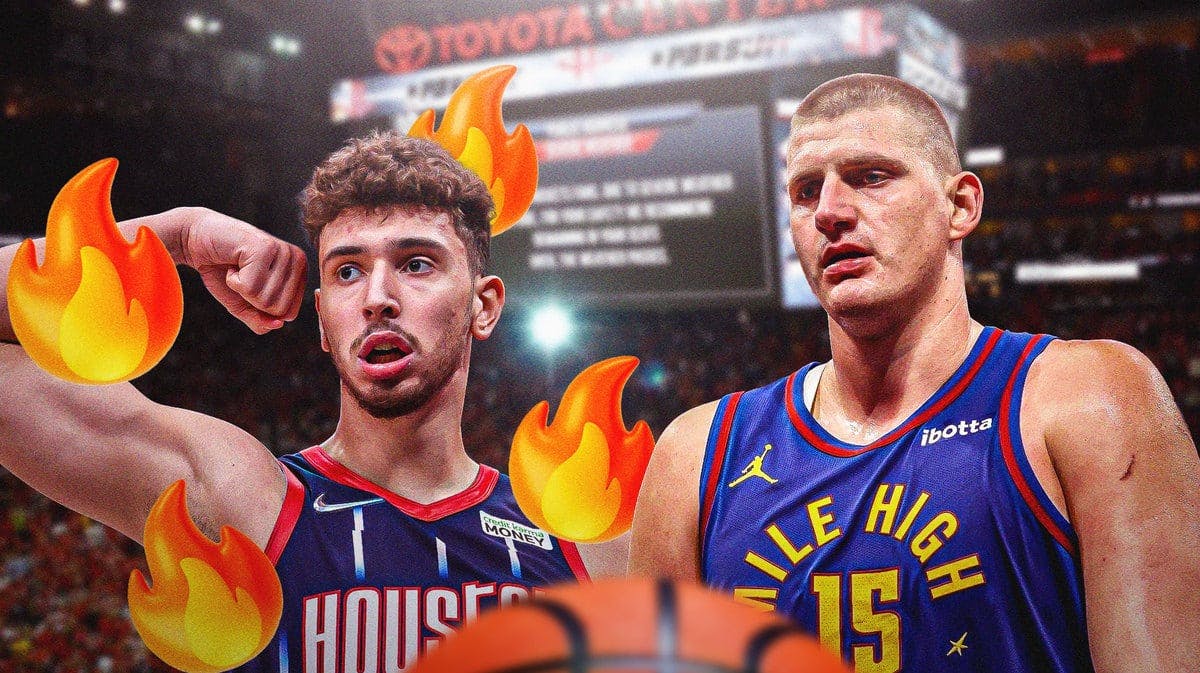 Nuggets' Nikola Jokic and Rockets' Alperen Sengun hyped up, with fire emojis all over