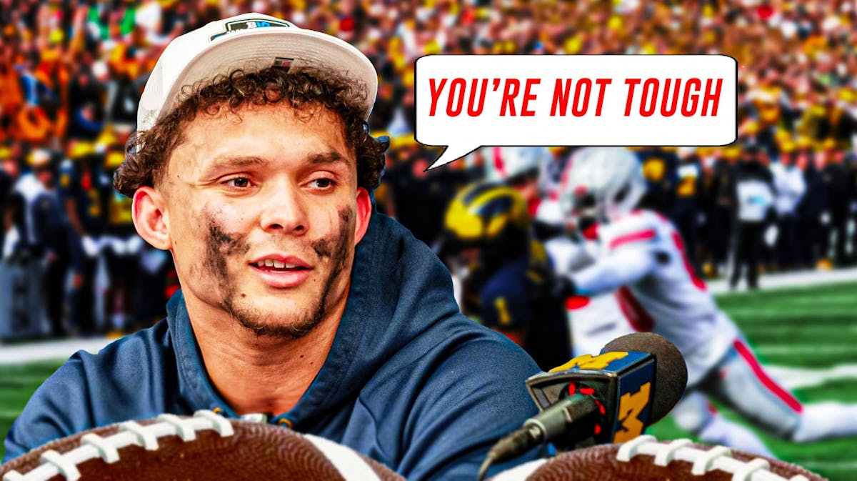Michigan football player Roman Wilson with the quote bubble saying "You're Not Tough" to Ohio State players