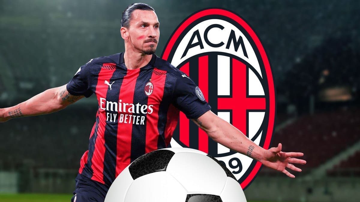 Zlatan Ibrahimovic celebrating in front of the AC Milan logo