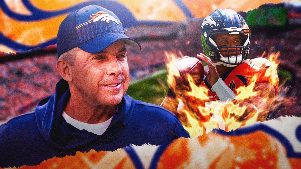 Photo: Russell Wilson looking pumped with fire around him saying “Never doubted this squad” Sean Payton smiling beside him, both of them in Broncos gear