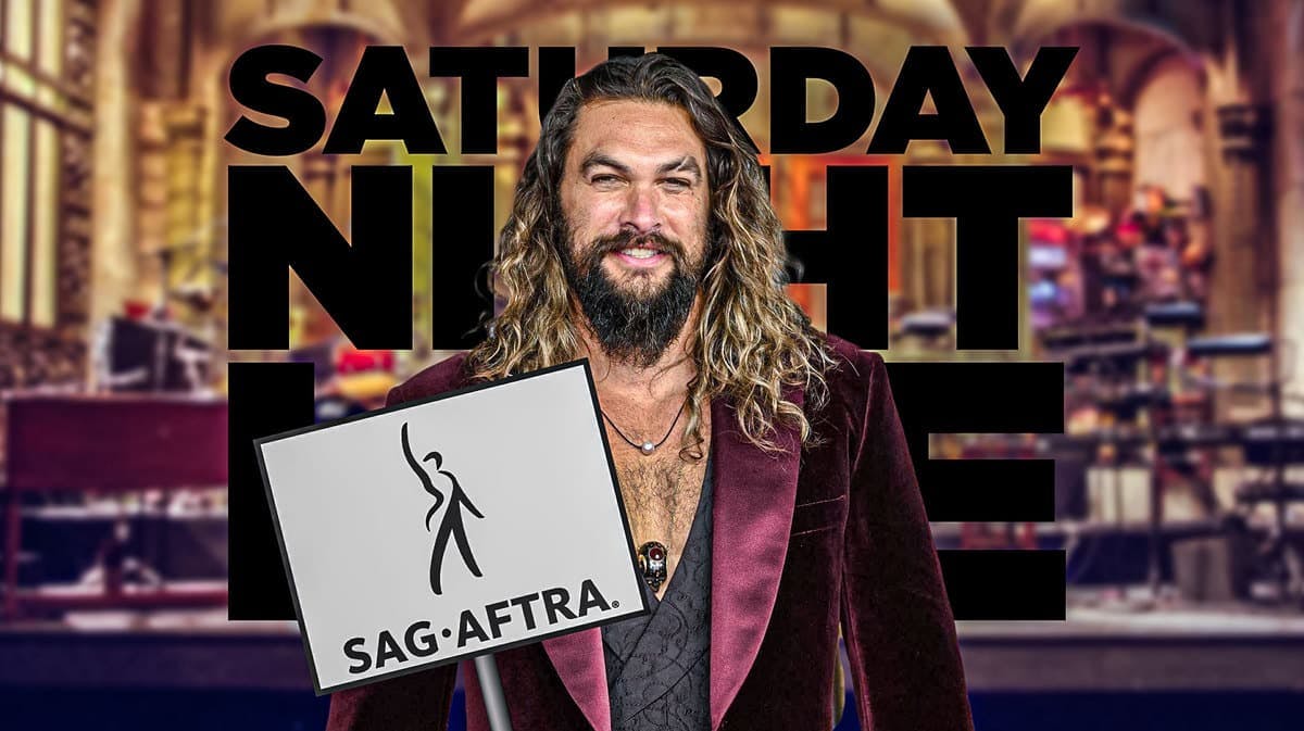 Jason Momoa with Saturday Night Live (SNL) logo and stage background and SAG-AFTRA strike picket sign.