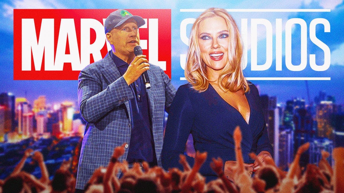 Kevin Feige and Scarlett Johansson in front of Marvel Studios (MCU) logo.
