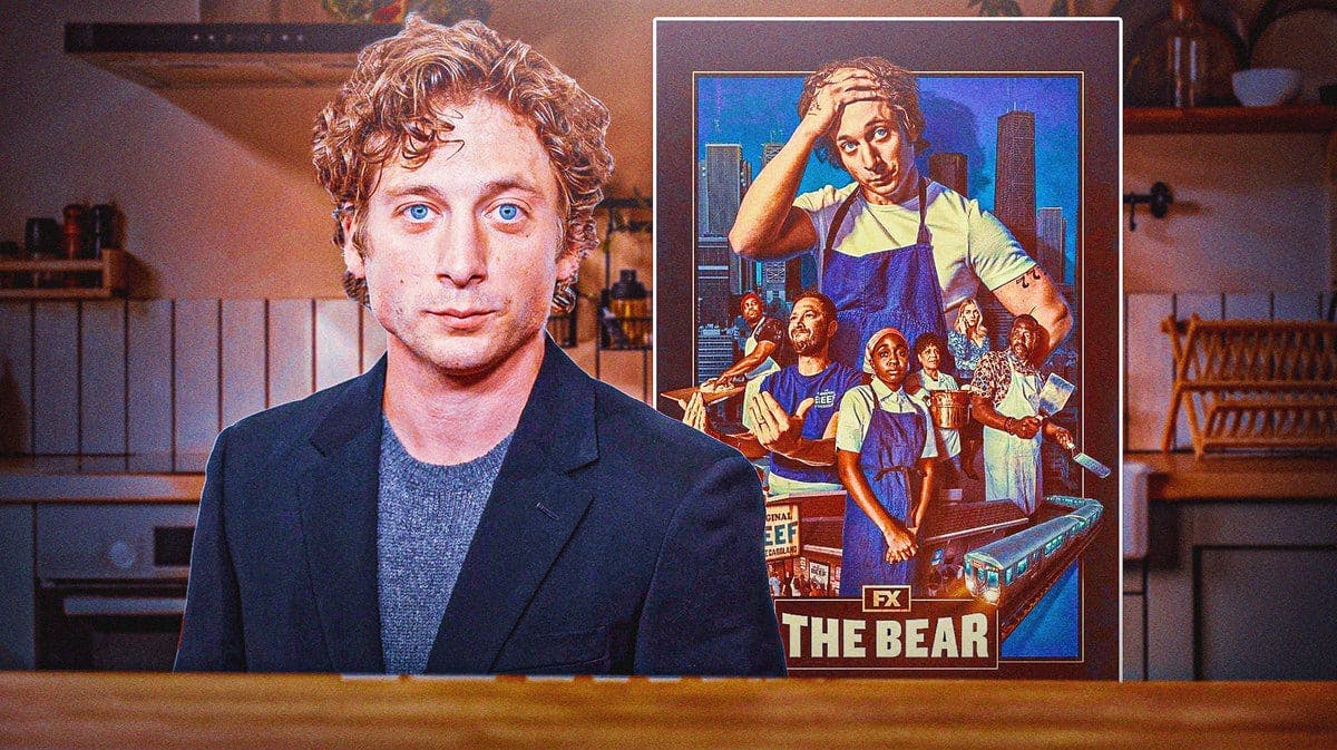 Jeremy Allen White and The Bear poster with kitchen background.