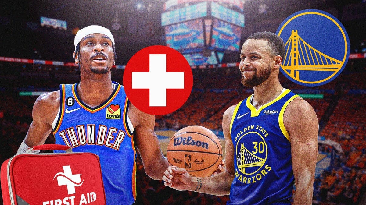 Thunder's Shai Gilgeous-Alexander with red medical symbol next to Warriors' Stephen Curry