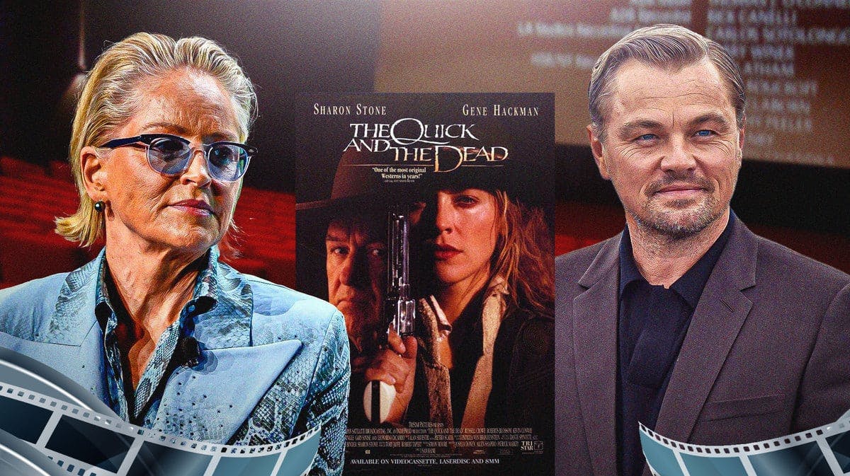 Sharon Stone and Leonardo DiCaprio outside of The Quick and the Dead poster with movie theater background.