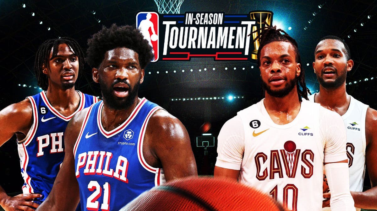 Sixers stars Tyrese Maxey and Joel Embiid and Cavs stars Darius Garland and Evan Mobley standing in front of the NBA In-Season Tournament logo
