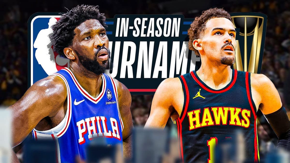 Sixers star Joel Embiid and Hawks star Trae Young in front of the NBA In-Season Tournament