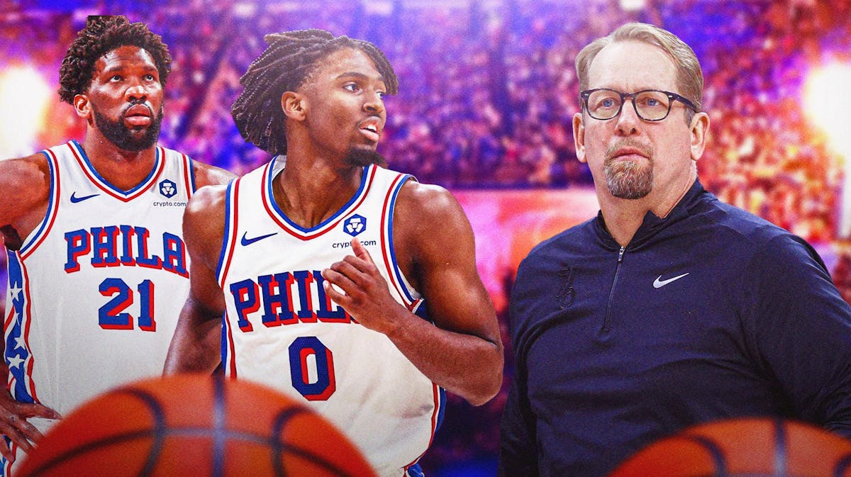 Sixers players Joel Embiid and Tyrese Maxey and head coach Nick Nurse