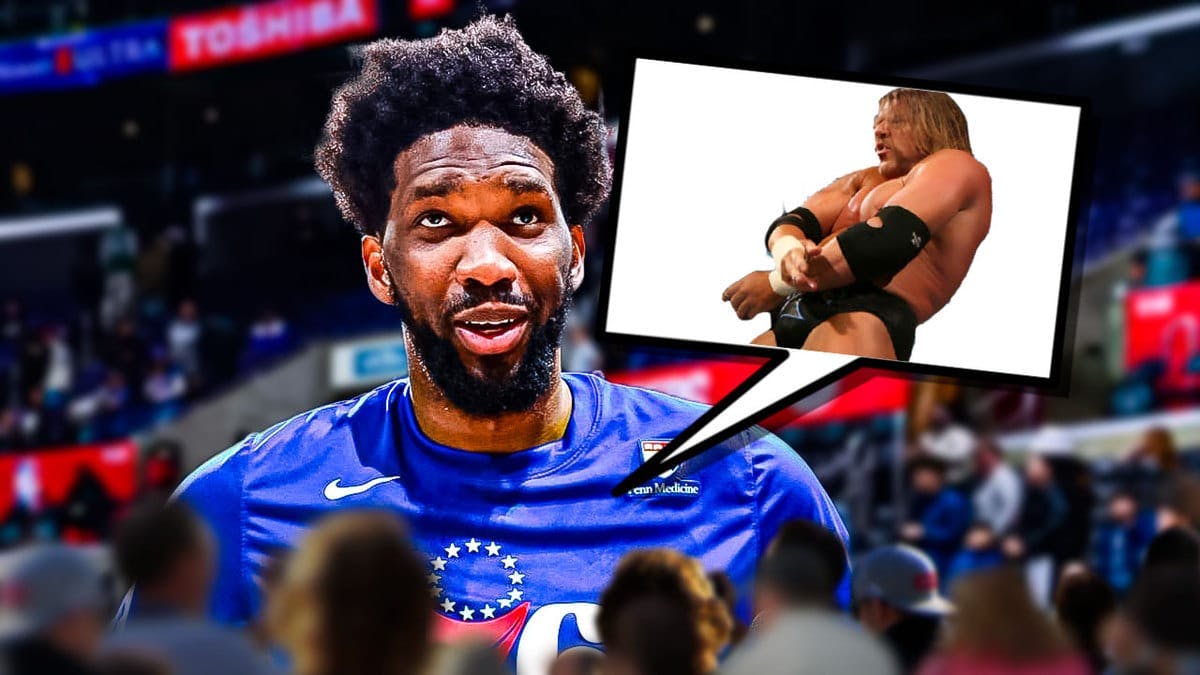 Sixers' Joel Embiid laughing, with a thought bubble on Embiid containing image of Triple H doing the iconic DX crotch chop