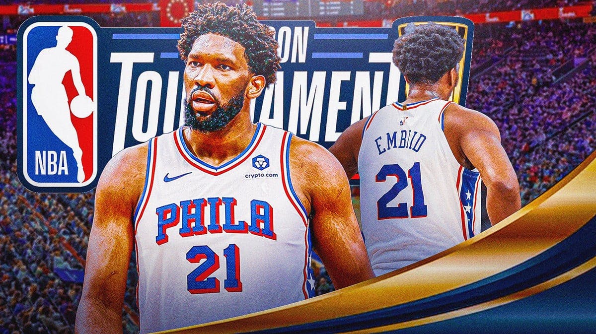 Sixers superstar Joel Embiid in front of the NBA In-Season Tournament logo