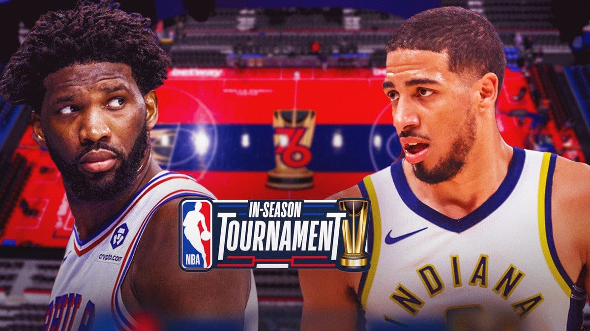 Sixers star Joel Embiid and Pacers star Tyrese Haliburton next to the NBA In-Season Tournament logo