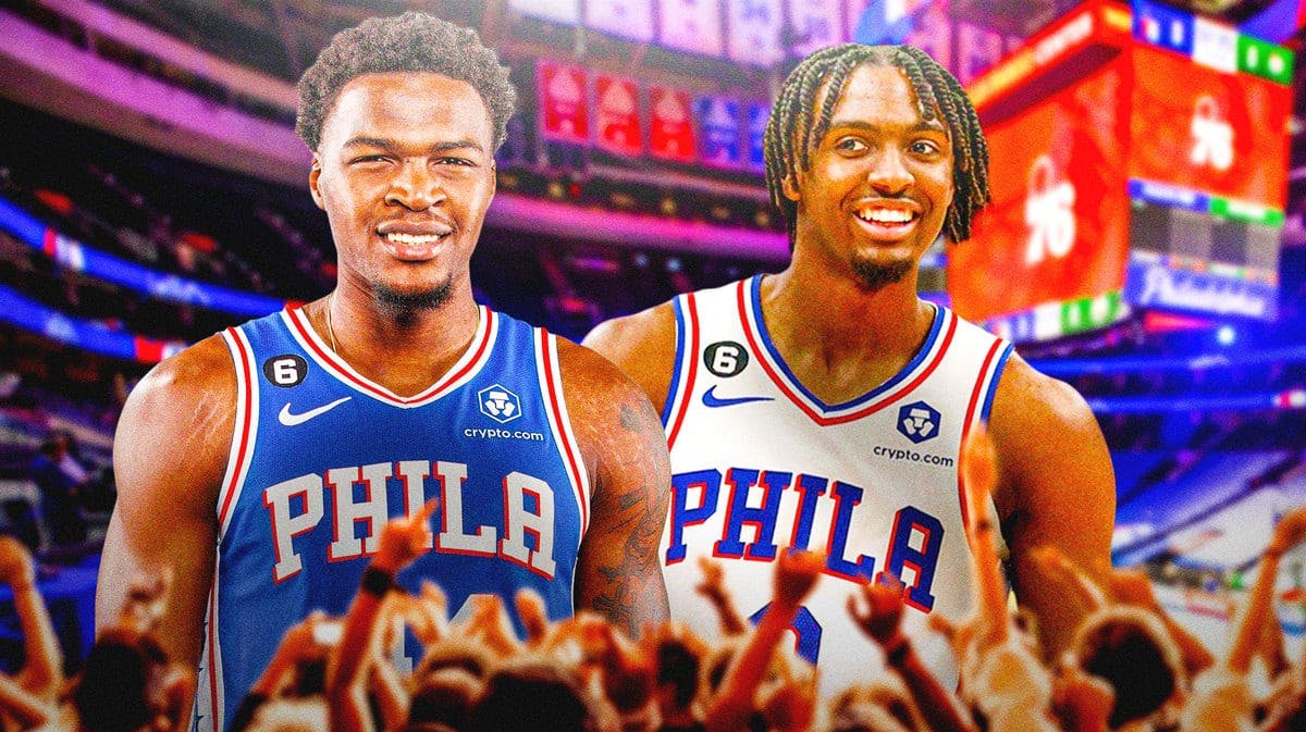 Sixers players Paul Reed and Tyrese Maxey looking happy