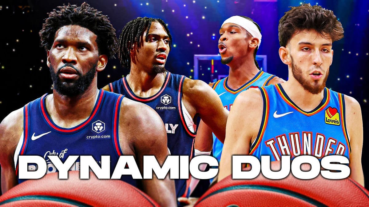 Sixers stars Joel Embiid, Tyrese Maxey and Thunder stars Shai Gilgeous-Alexander and Chet Holmgren behind the caption "dynamic duos"