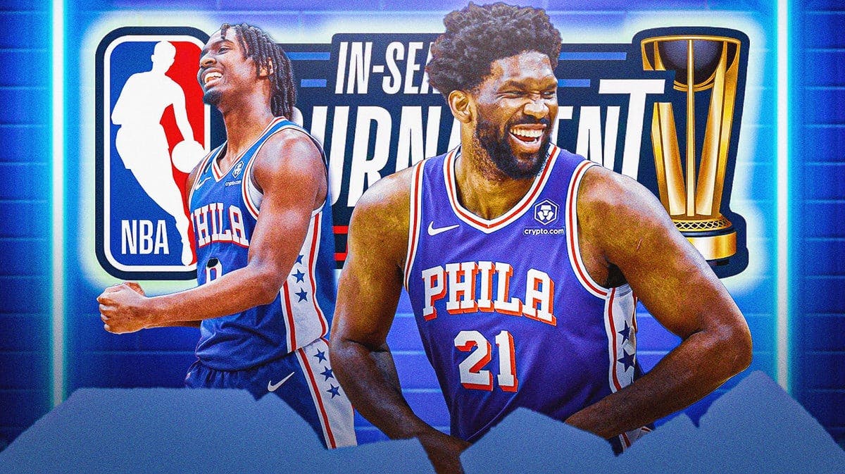 Sixers players Tyrese Maxey and Joel Embiid in front of the NBA In-Season Tournament logo
