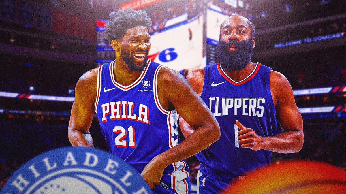 Sixers C Joel Embiid and Clippers G James Harden in the 2023-24 NBA season.